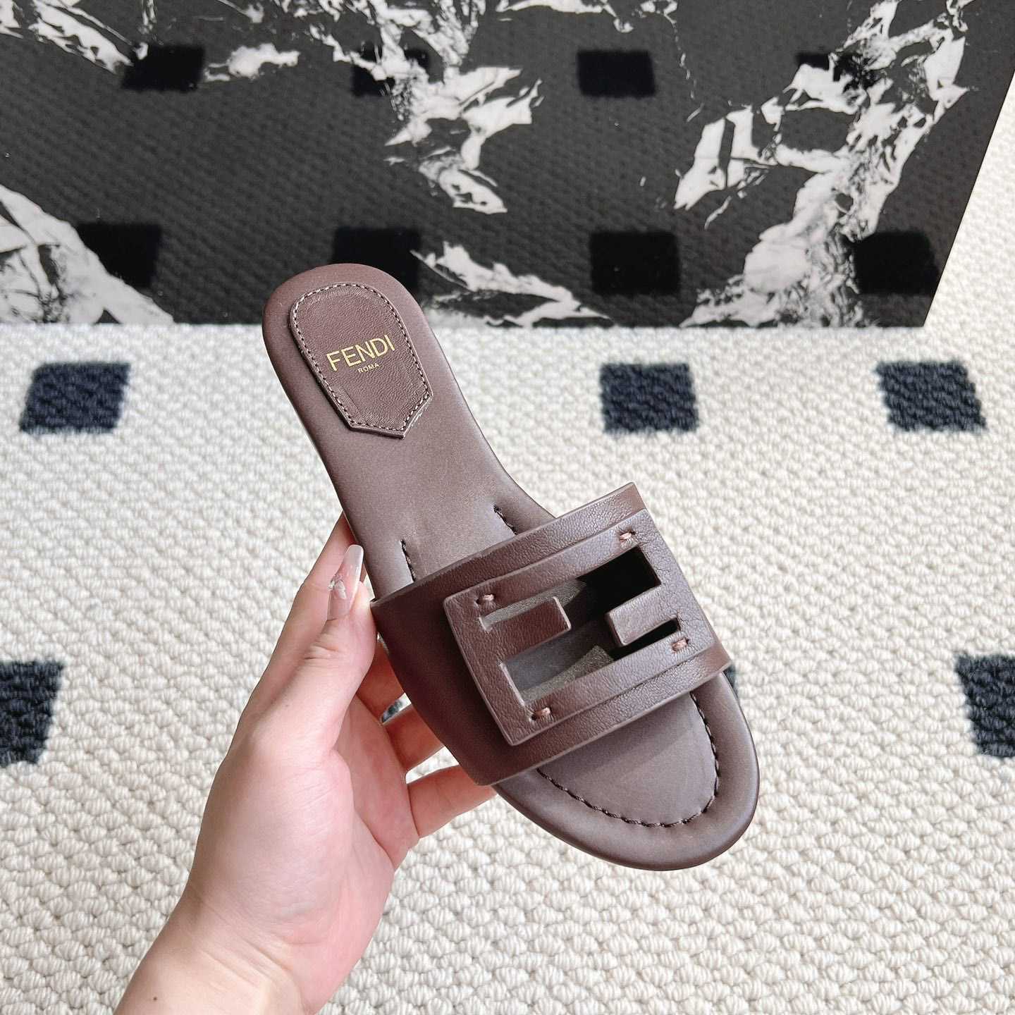 Fendi Baguette Brown Leather Slides - DesignerGu