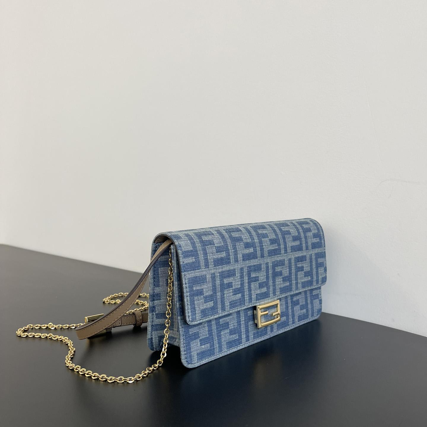 Fendi Wallet On Chain Baguette Light Blue FF Denim Fabric Wallet - DesignerGu