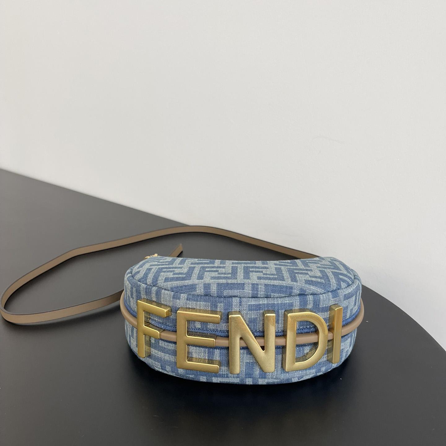 Fendi Women's Blue Graphy Mini Ff Denim & Leather Hobo Bag  - DesignerGu