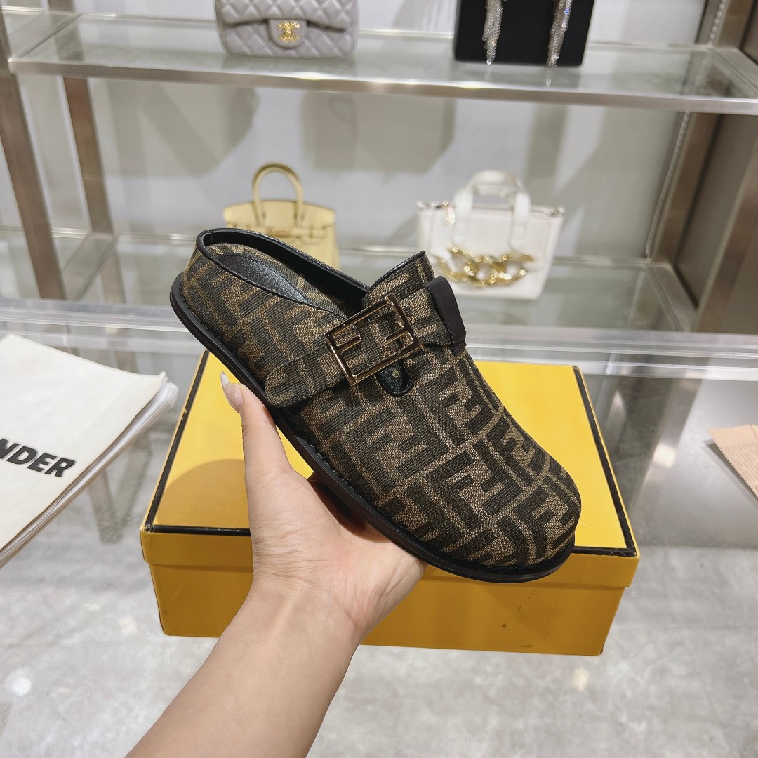 Fendi Feel Brown Fabric Sabots - DesignerGu