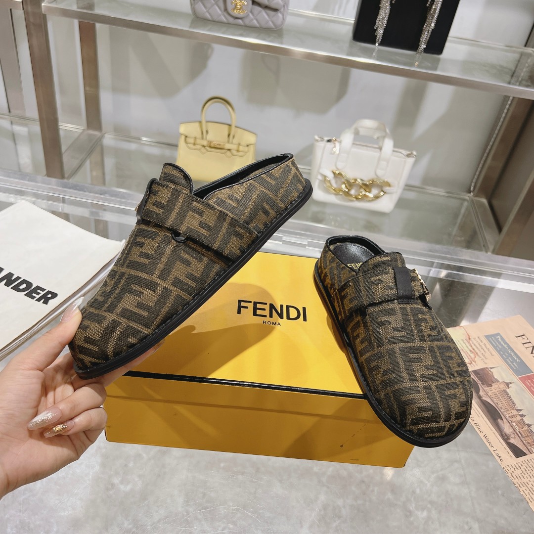 Fendi Feel Brown Fabric Sabots - DesignerGu