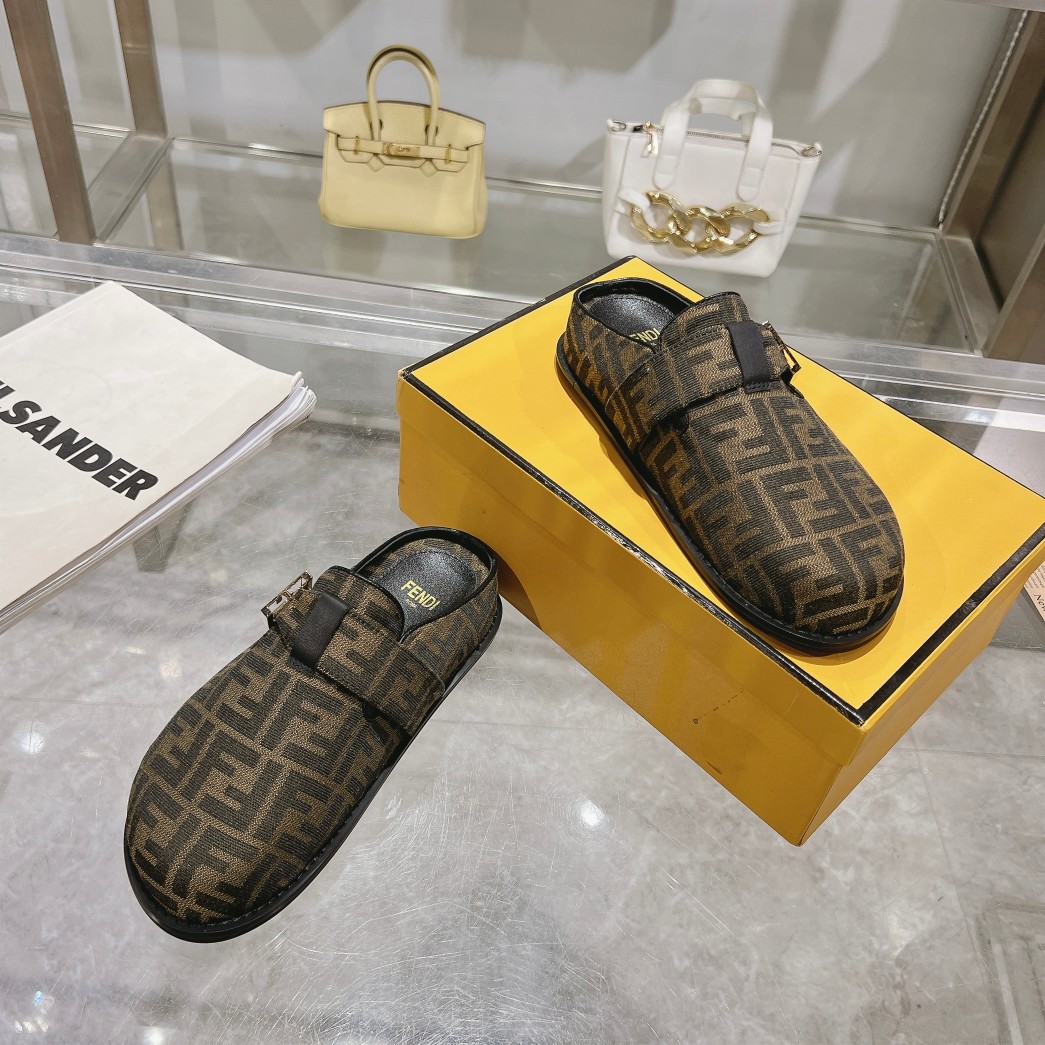 Fendi Feel Brown Fabric Sabots - DesignerGu