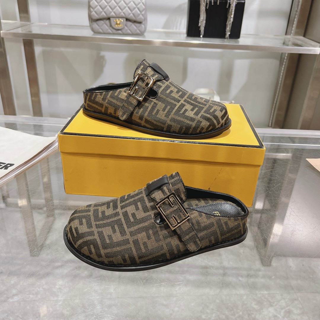 Fendi Feel Brown Fabric Sabots - DesignerGu