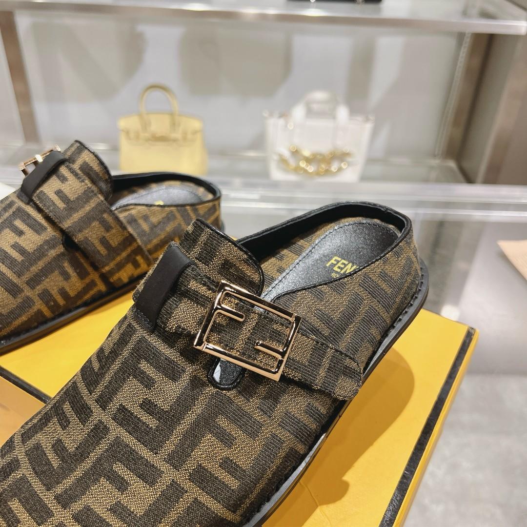 Fendi Feel Brown Fabric Sabots - DesignerGu