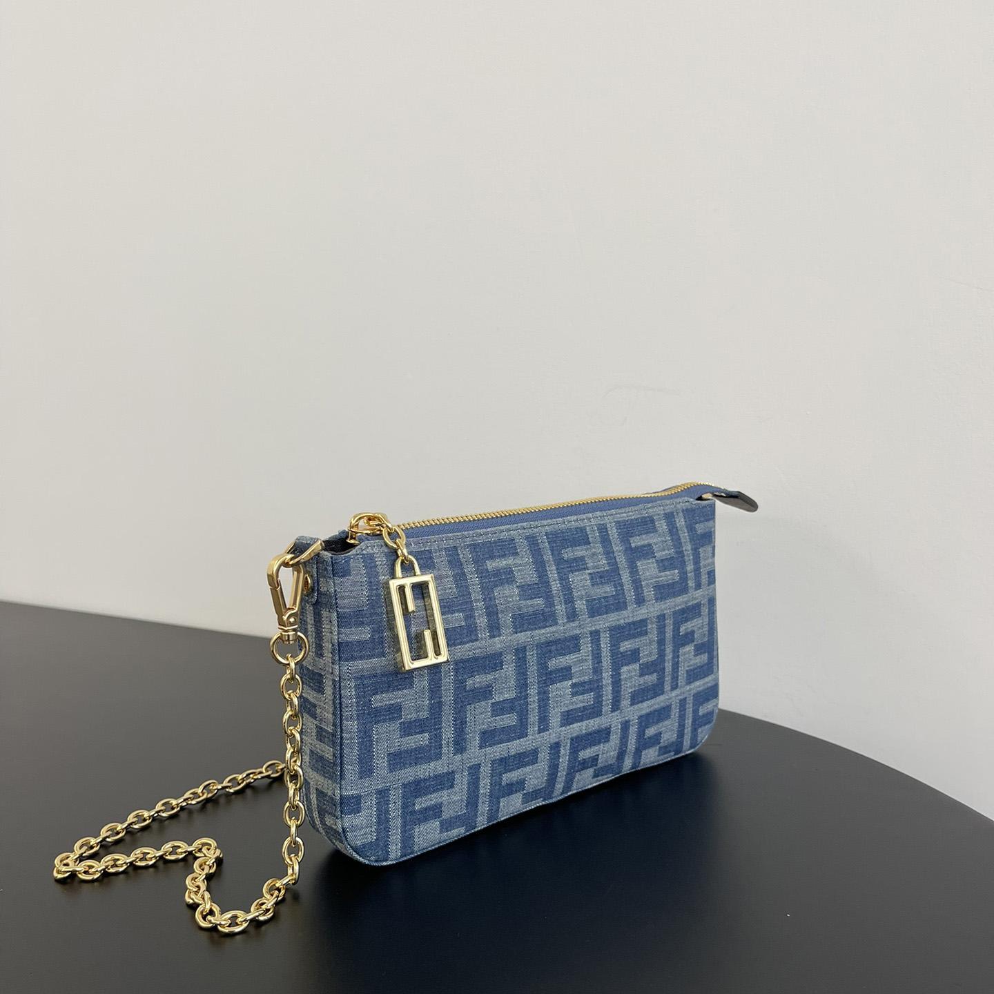 Fendi Baguette Pouch Light Blue FF Denim Fabric Pouch With Chain - DesignerGu