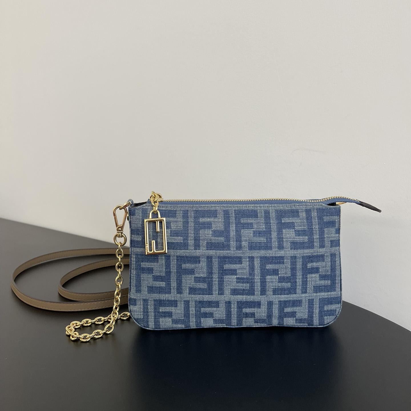 Fendi Baguette Pouch Light Blue FF Denim Fabric Pouch With Chain - DesignerGu