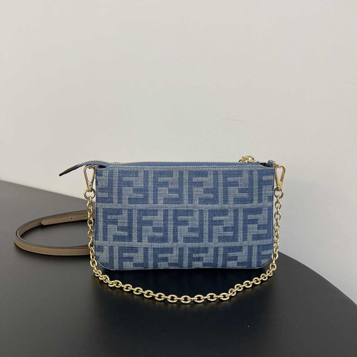 Fendi Baguette Pouch Light Blue FF Denim Fabric Pouch With Chain - DesignerGu