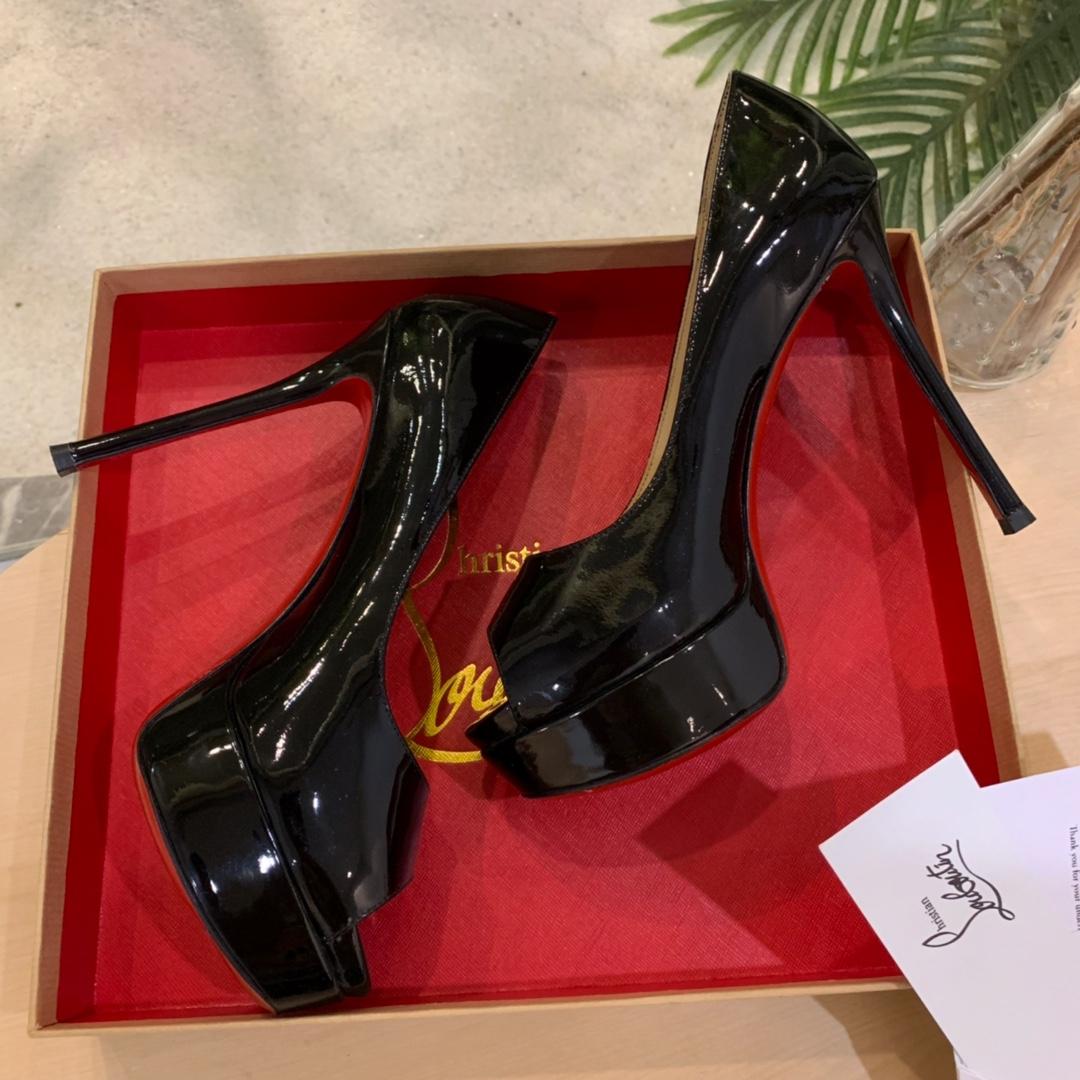 Christian Louboutin Black Patent Leather Peep Toe Stiletto Heels   8.5cm - DesignerGu