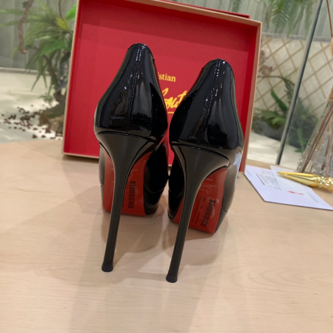 Christian Louboutin Black Patent Leather Peep Toe Stiletto Heels   8.5cm - DesignerGu