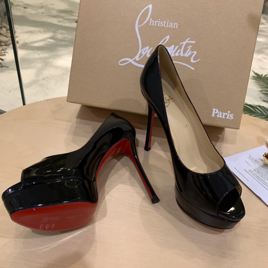 Christian Louboutin Black Patent Leather Peep Toe Stiletto Heels   8.5cm - DesignerGu