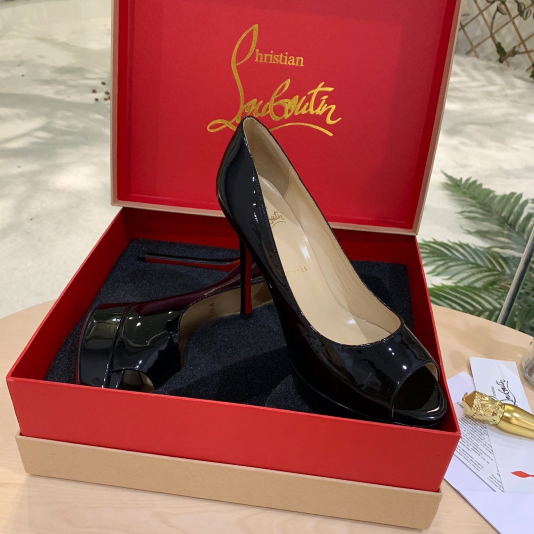 Christian Louboutin Black Patent Leather Peep Toe Stiletto Heels   8.5cm - DesignerGu