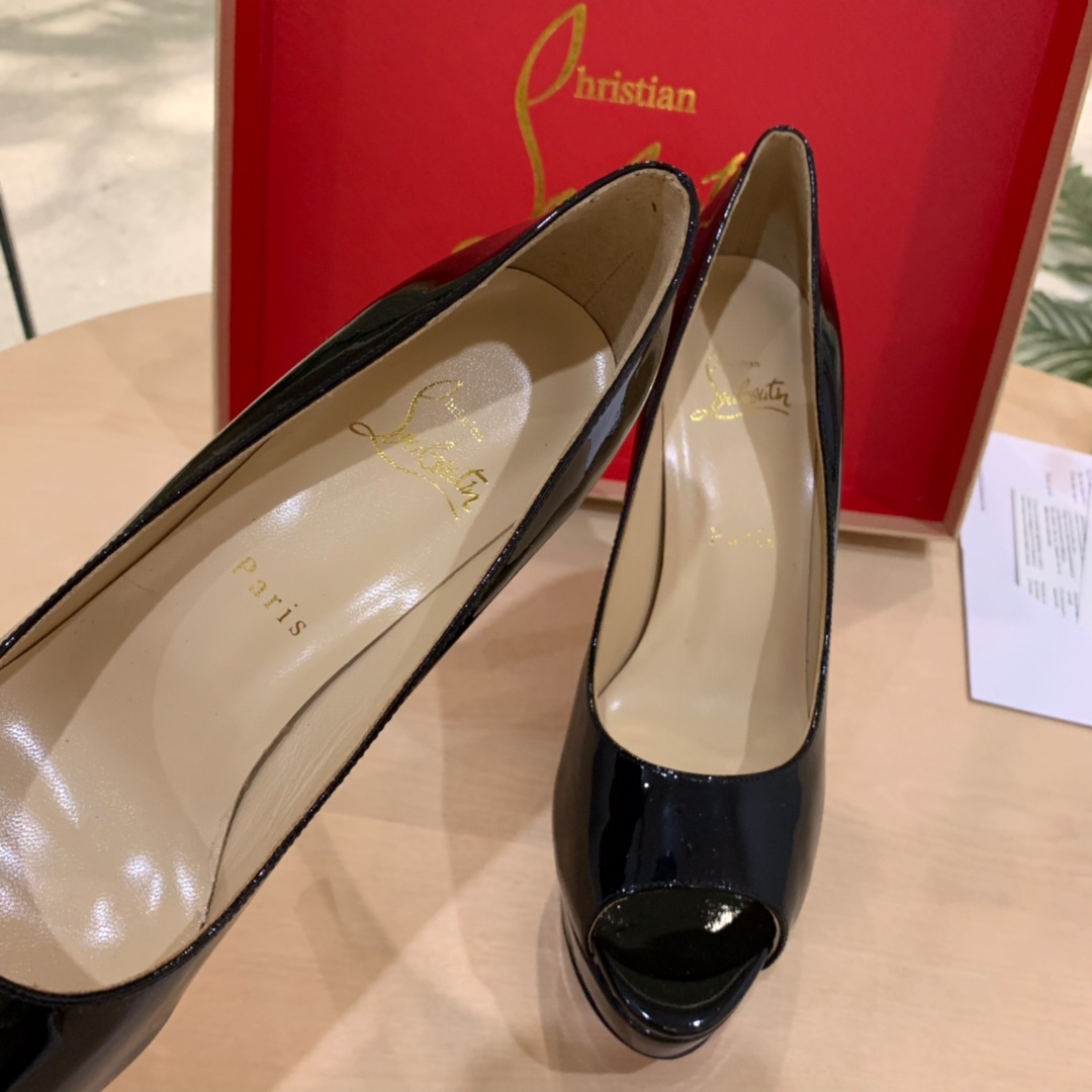 Christian Louboutin Black Patent Leather Peep Toe Stiletto Heels   8.5cm - DesignerGu