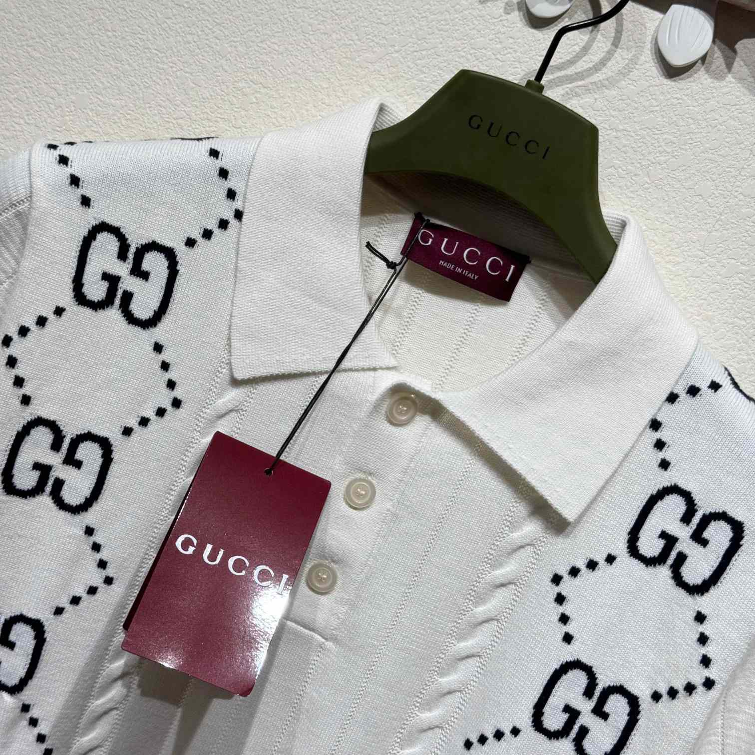 Gucci Cotton Knit Polo Top With GG Intarsia - DesignerGu