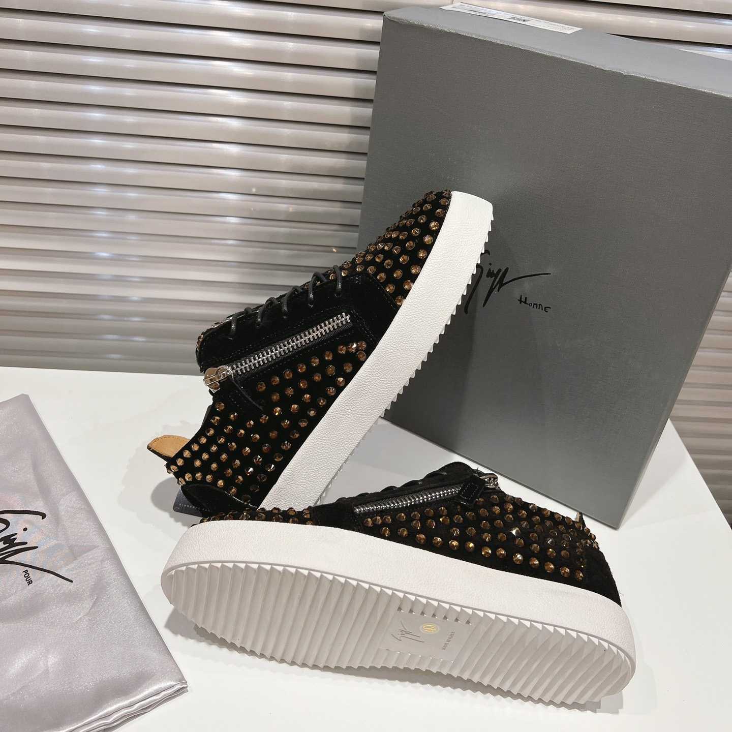 Giuseppe Zanotti Black Suede Crystal May London Sneakers - DesignerGu