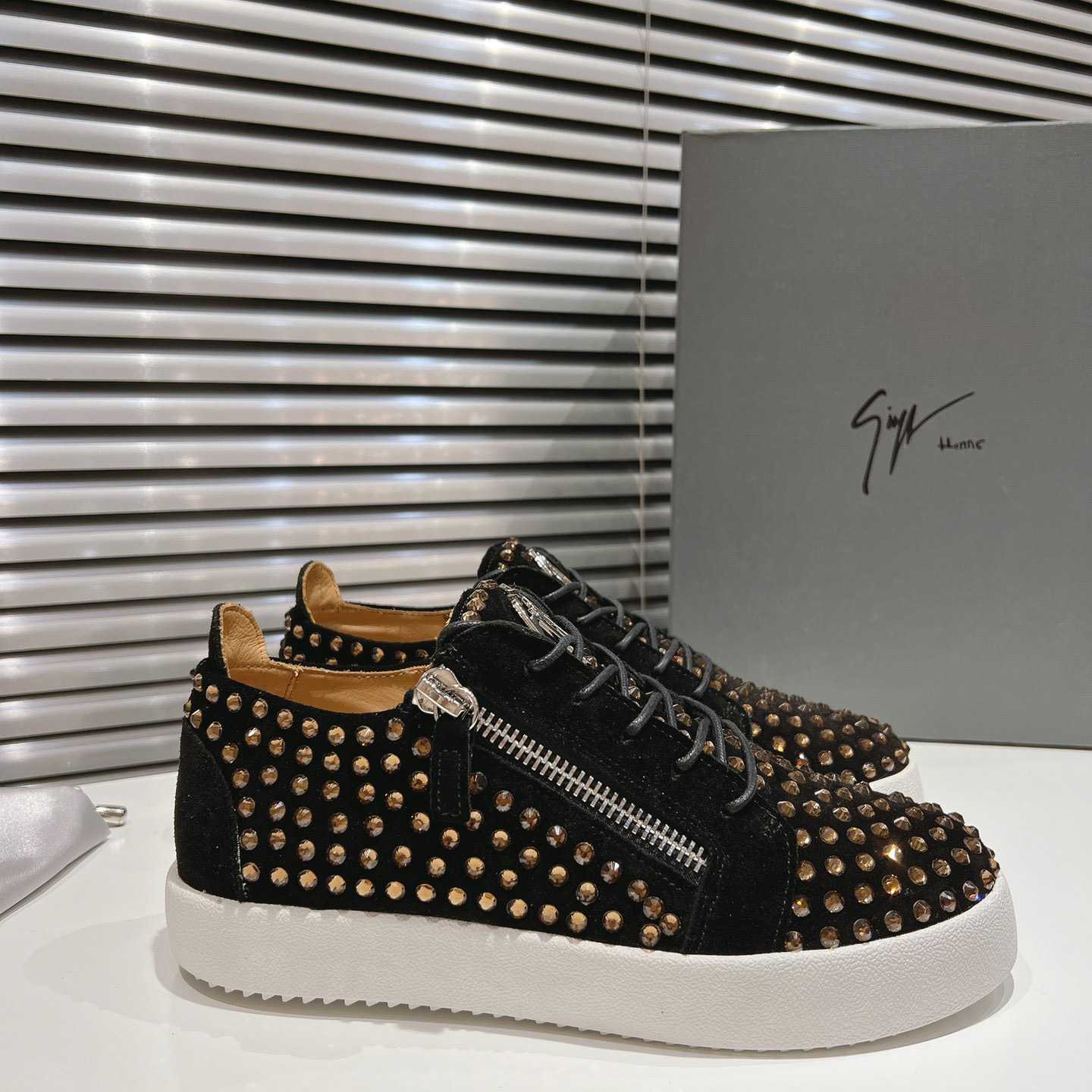 Giuseppe Zanotti Black Suede Crystal May London Sneakers - DesignerGu