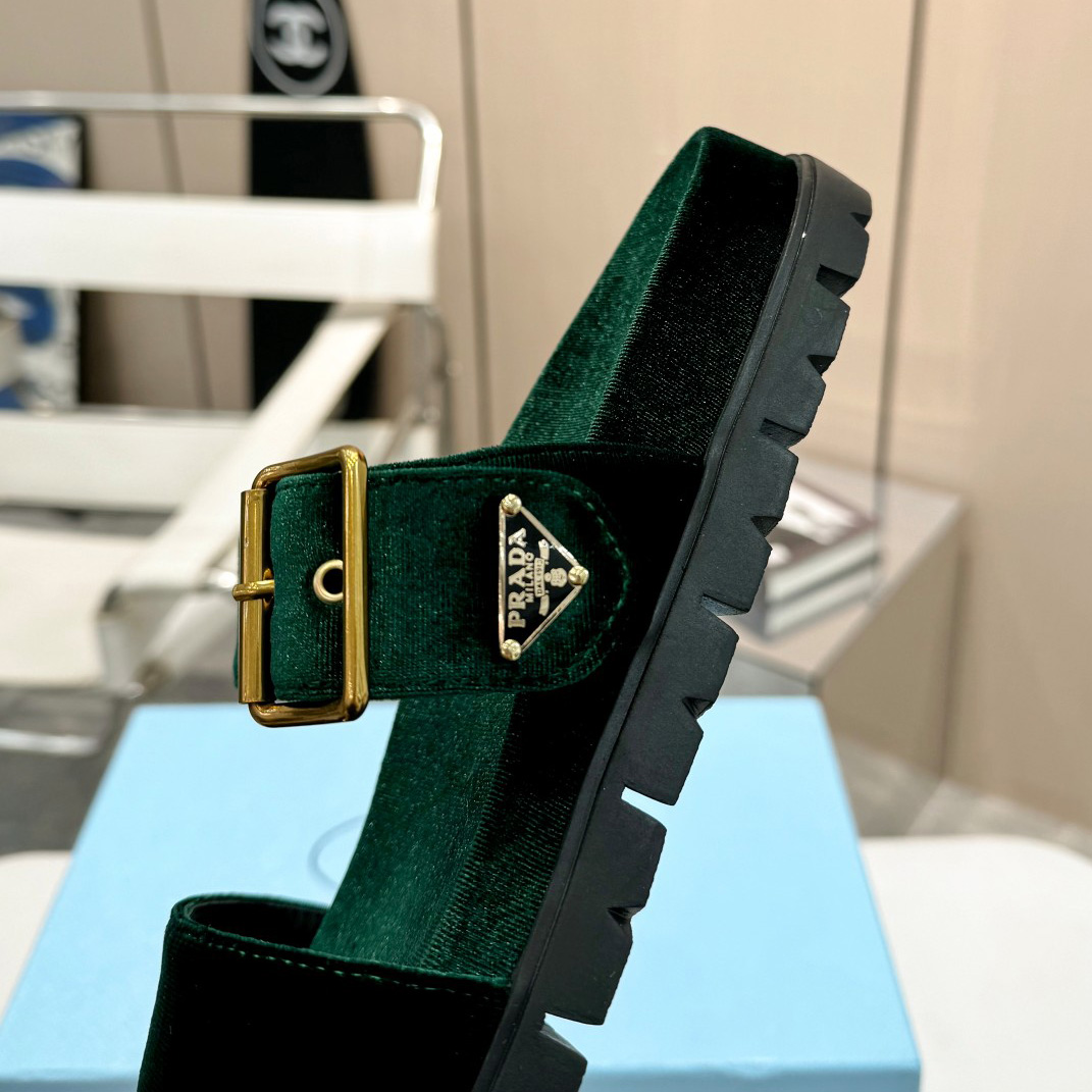 Prada Green Velvet Buckle Slides - DesignerGu