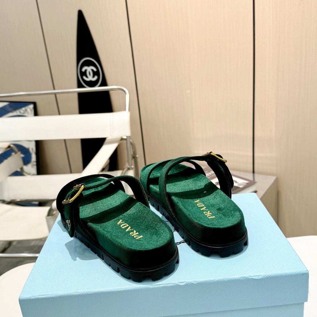 Prada Green Velvet Buckle Slides - DesignerGu