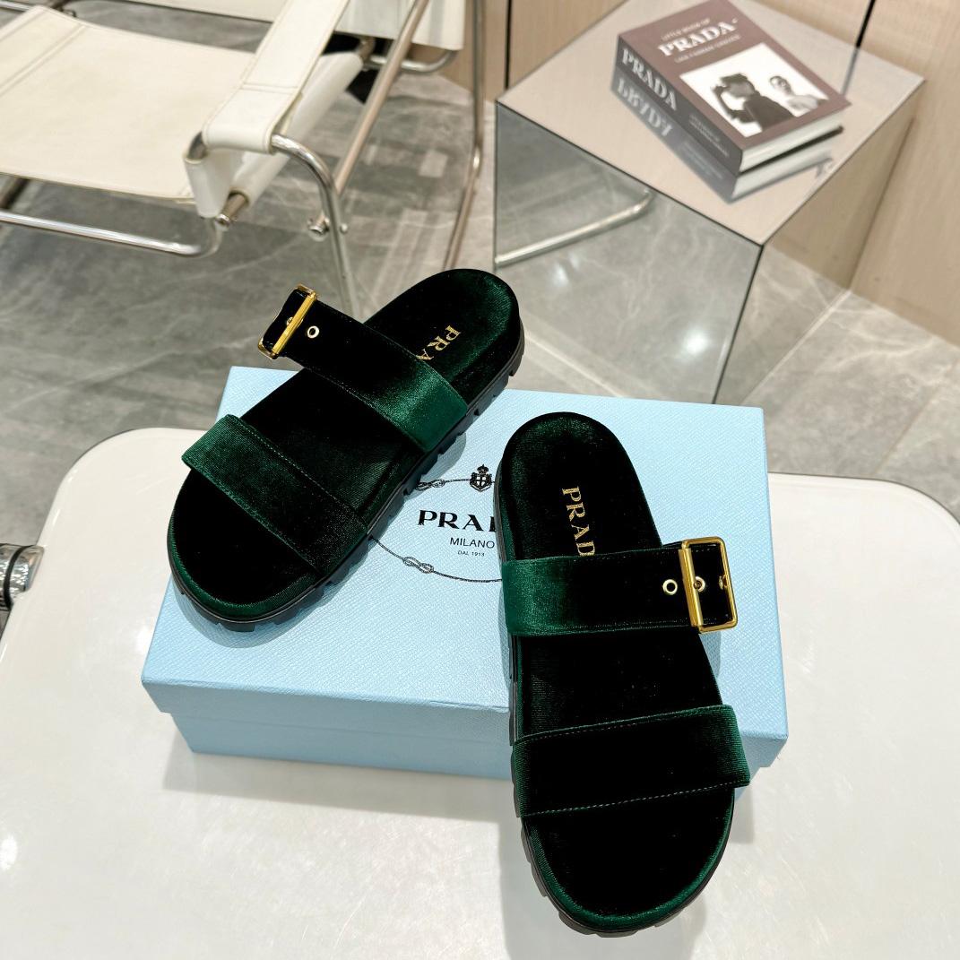 Prada Green Velvet Buckle Slides - DesignerGu