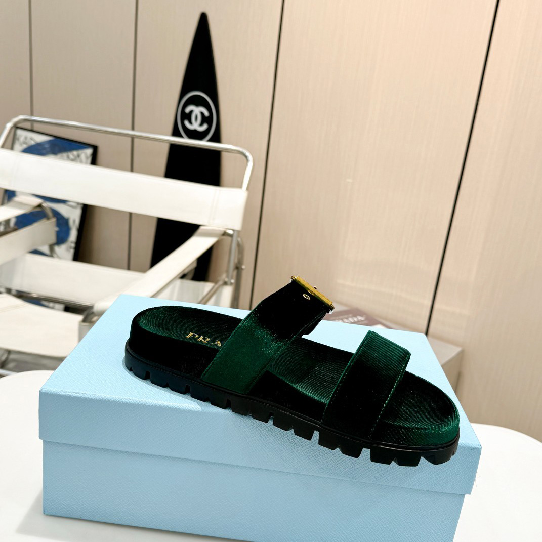 Prada Green Velvet Buckle Slides - DesignerGu