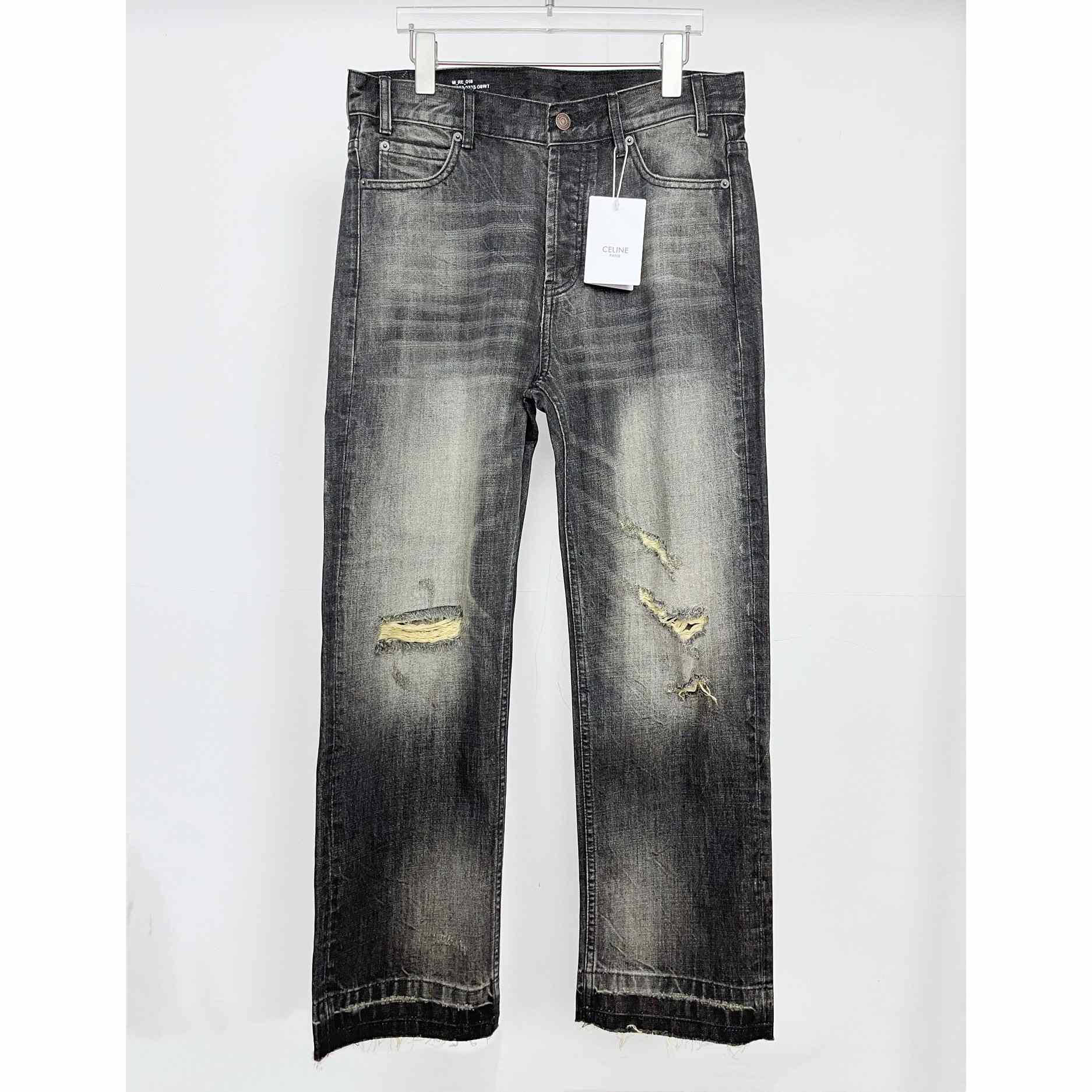 Celine Dirty Black Ripped Distressed Wesley Baggy Jeans - DesignerGu