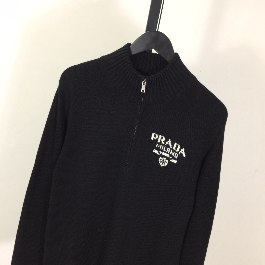 Prada Intarsia Knit Logo Zip-Up Cardigan - DesignerGu