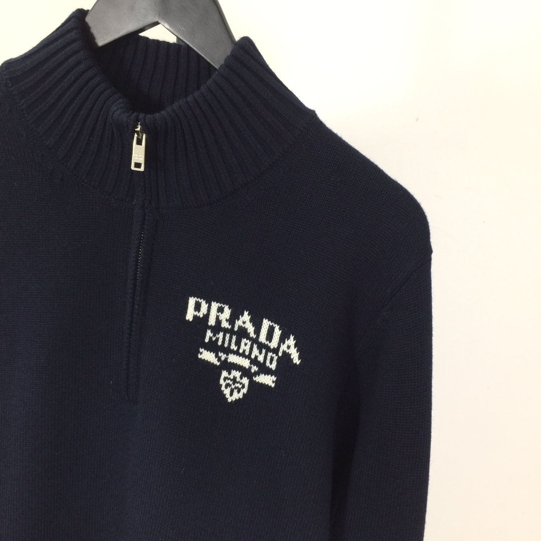 Prada Intarsia Knit Logo Zip-Up Cardigan - DesignerGu