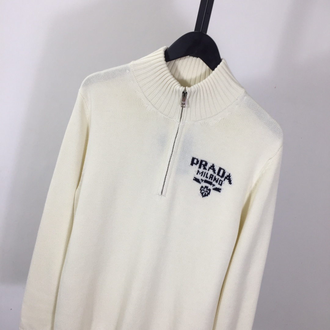 Prada Intarsia Knit Logo Zip-Up Cardigan - DesignerGu