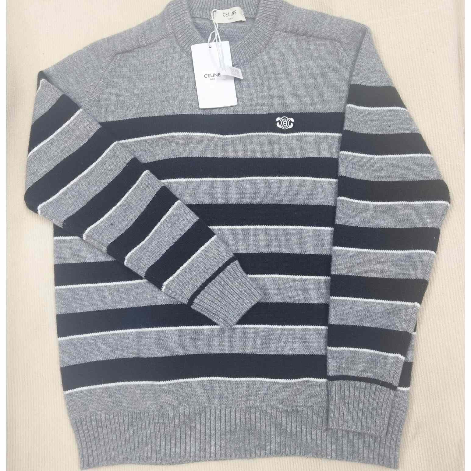 Celine Striped Triomphe Crew Neck Sweater In Wool - DesignerGu