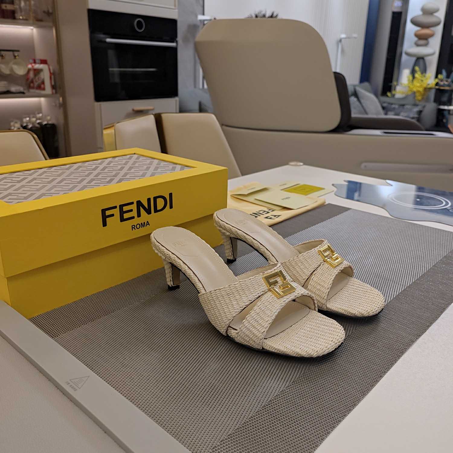 Fendi FFold Beige Cotton Fibre Medium-heel Sandals - DesignerGu