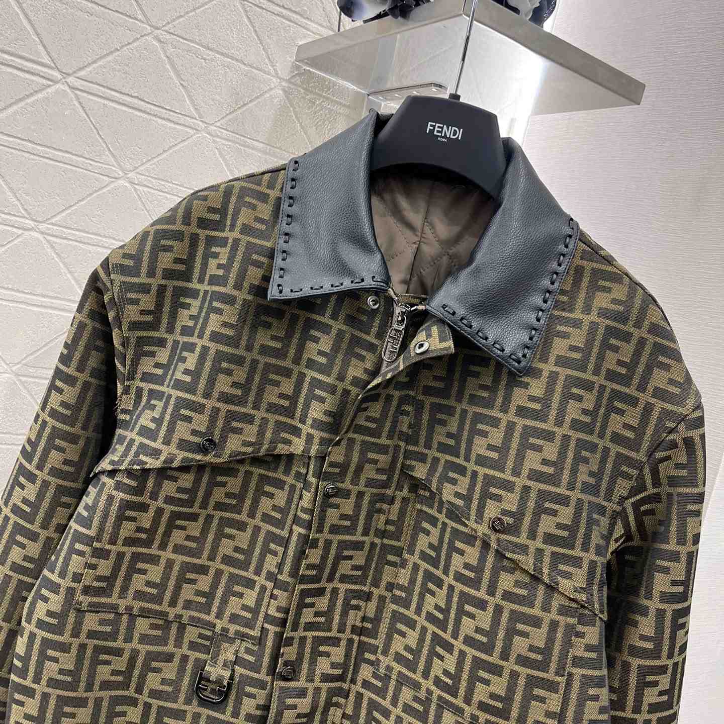 Fendi Brown Waxed FF Jacquard Blouson - DesignerGu