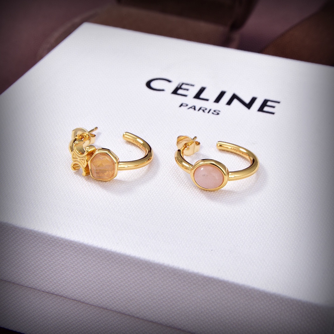 Celine Triomphe Indie Hoops In Brass With Gold Finish,Rutilated Quartz And Pink - DesignerGu