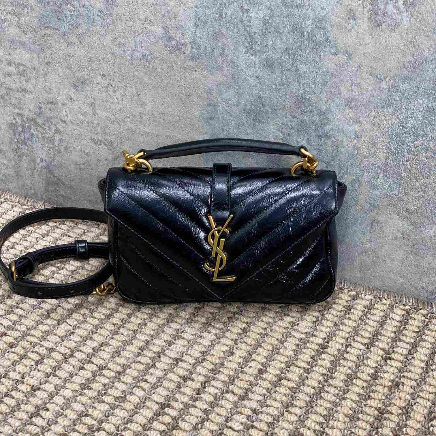 Saint Laurent College Mini Chain Bag In Shiny Crackled Leather - DesignerGu