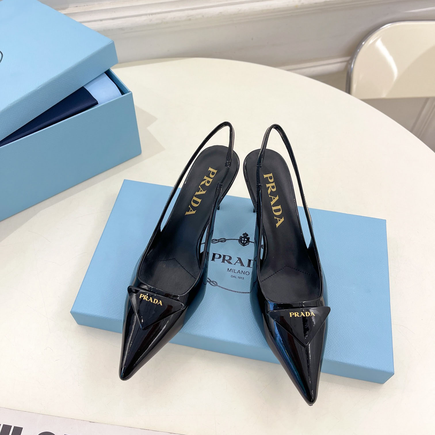 Prada 75m Patent Leather Slingback Pumps - DesignerGu