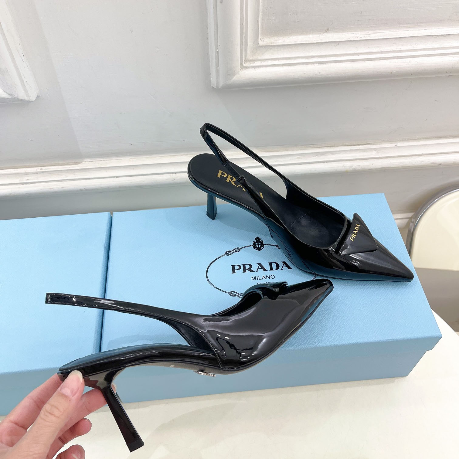 Prada 75m Patent Leather Slingback Pumps - DesignerGu