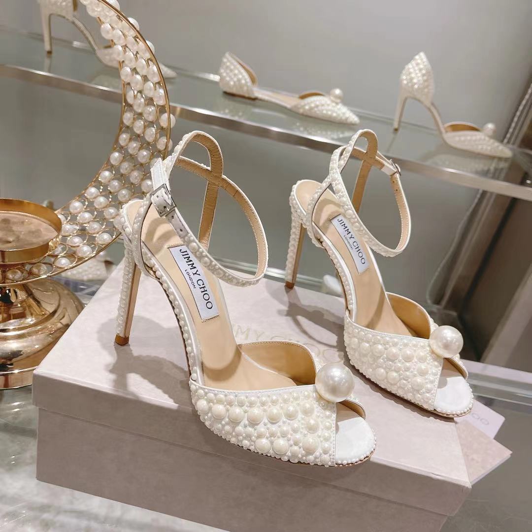 Jimmy Choo White Satin Sandals with All Over Pearls - DesignerGu