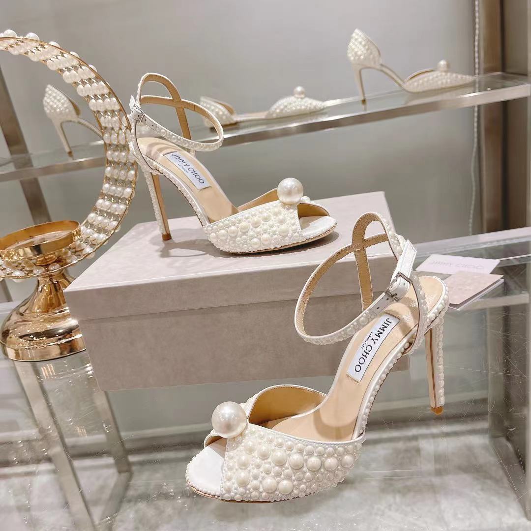 Jimmy Choo White Satin Sandals with All Over Pearls - DesignerGu