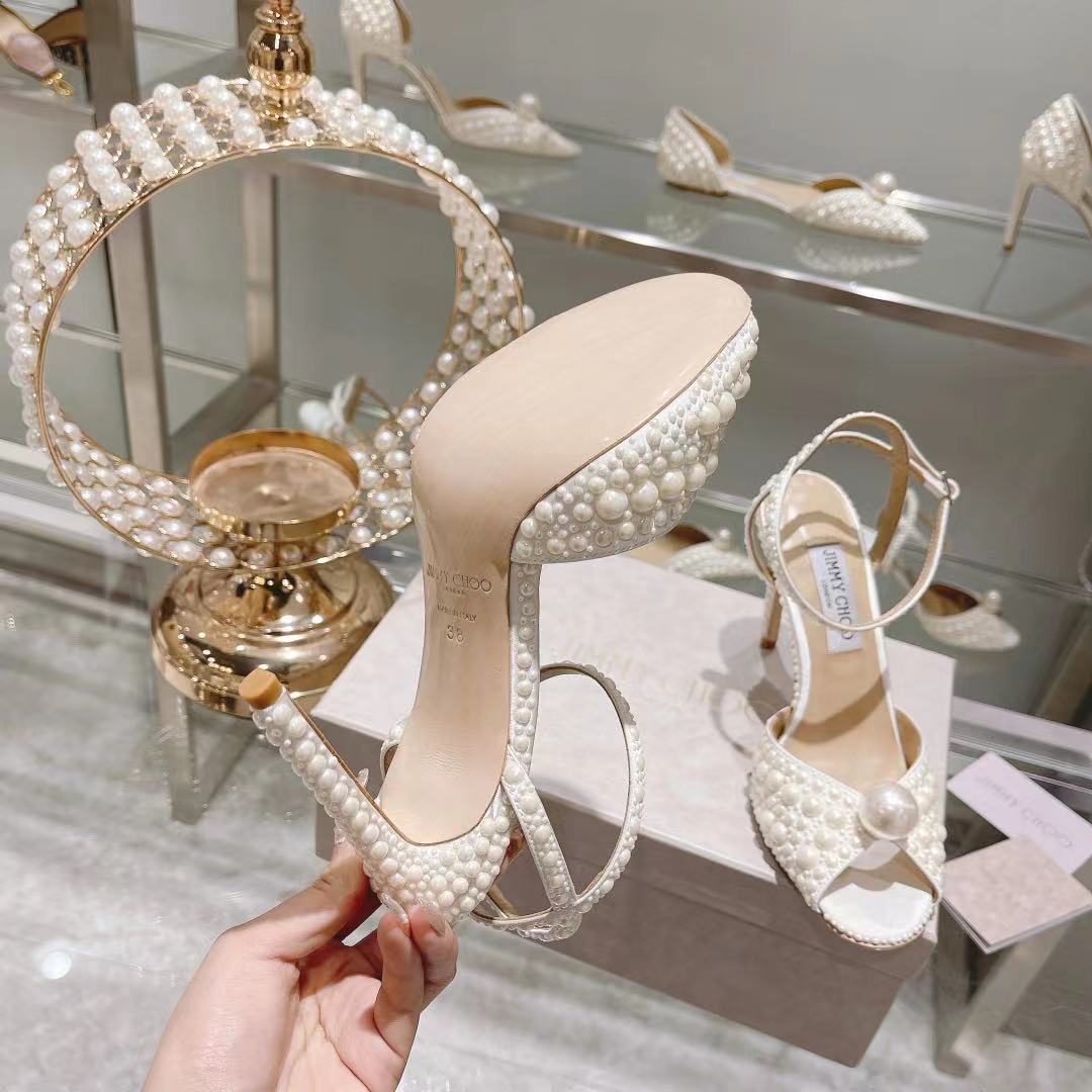 Jimmy Choo White Satin Sandals with All Over Pearls - DesignerGu