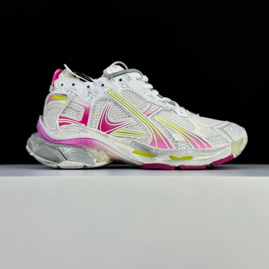 Balenciaga Runner Gradient Sneaker In White, Pink, Grey And Neon Yellow Mesh - DesignerGu