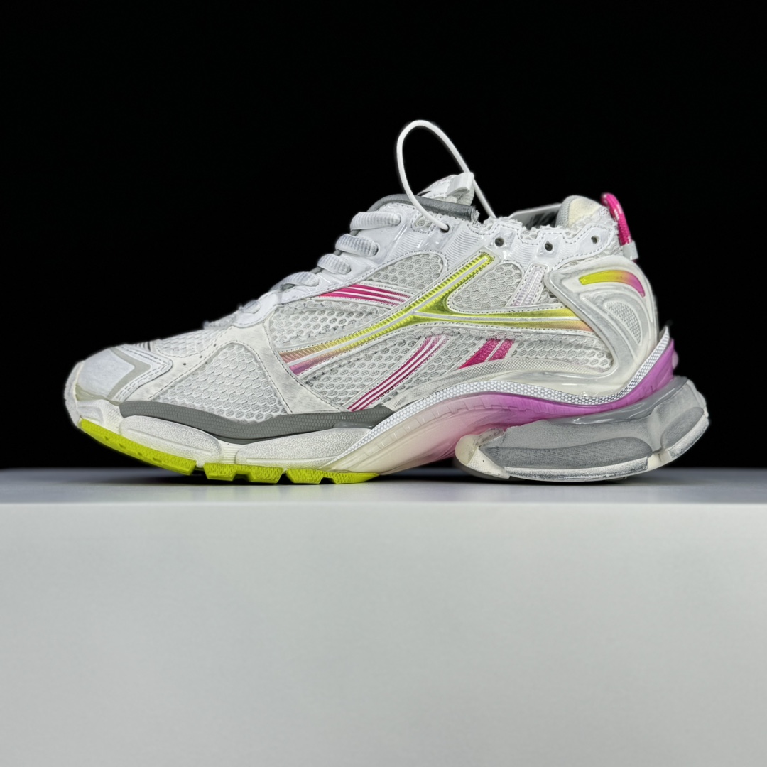 Balenciaga Runner Gradient Sneaker In White, Pink, Grey And Neon Yellow Mesh - DesignerGu