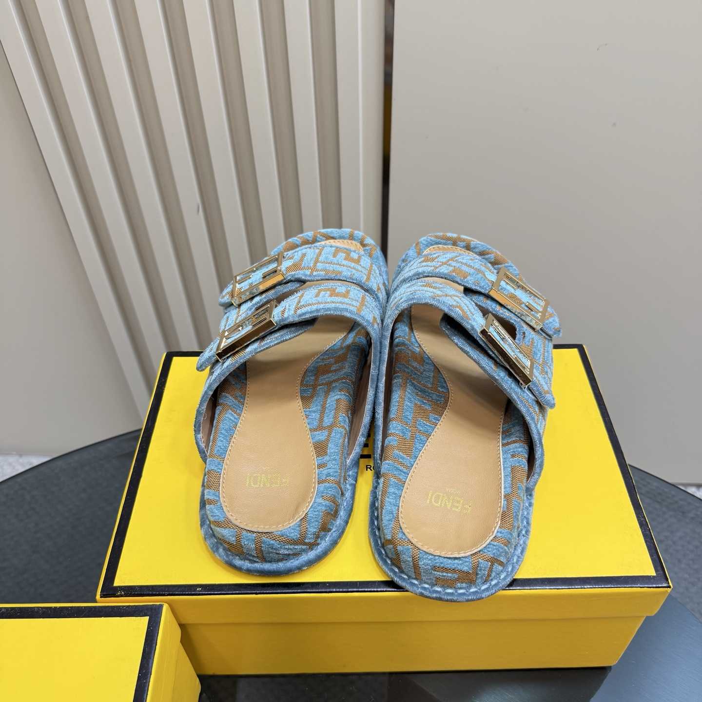 Fendi Feel Light Blue FF Jacquard Velvet Slides - DesignerGu