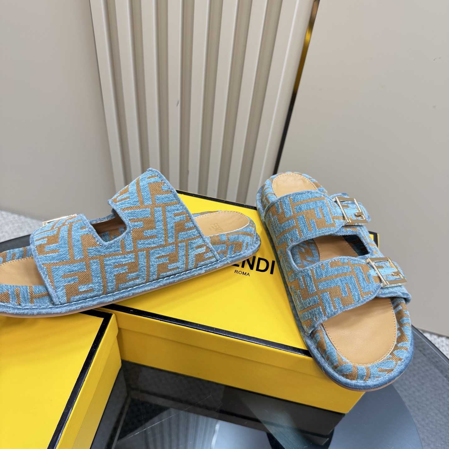 Fendi Feel Light Blue FF Jacquard Velvet Slides - DesignerGu