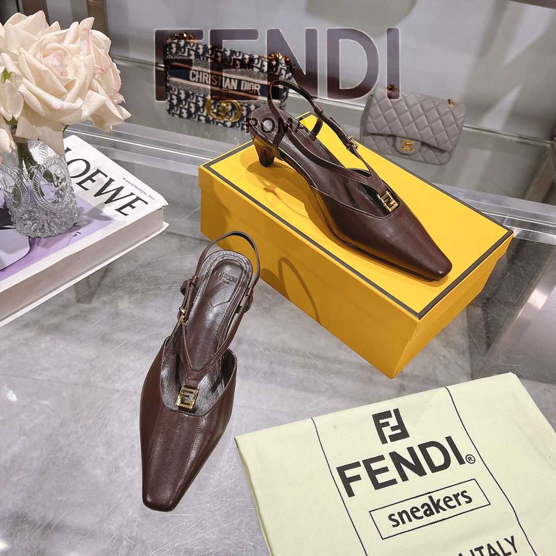 Fendi FFold Brown Eel Leather Low-heeled Slingbacks - DesignerGu