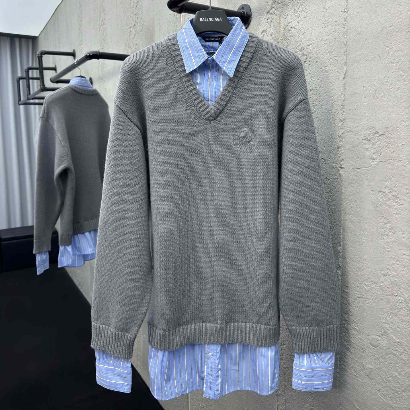 Balenciaga Layered Shirt V-Neck Sweater In Grey - DesignerGu