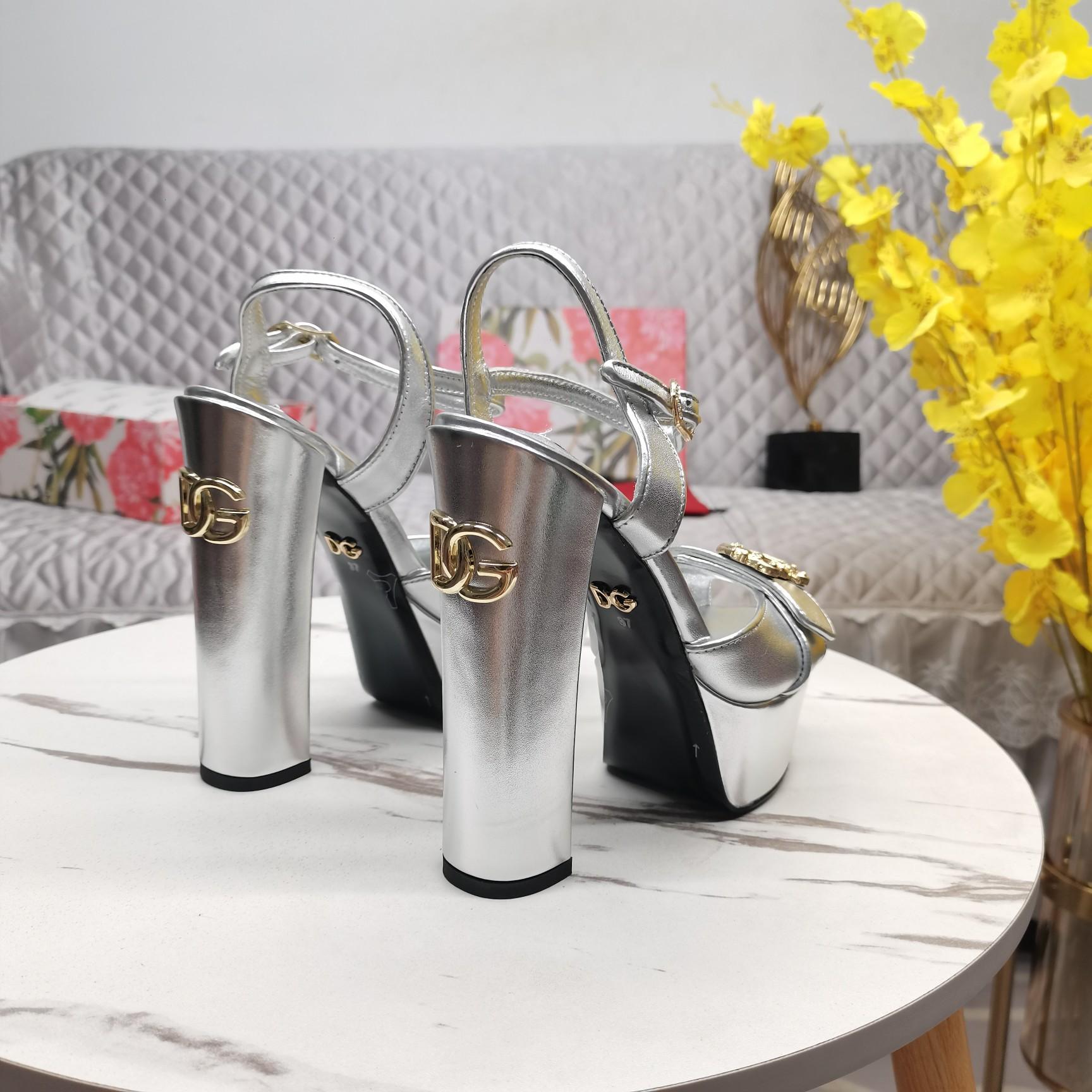 Dolce & Gabbana Silver Leather Platform Logo Keira Sandals - DesignerGu