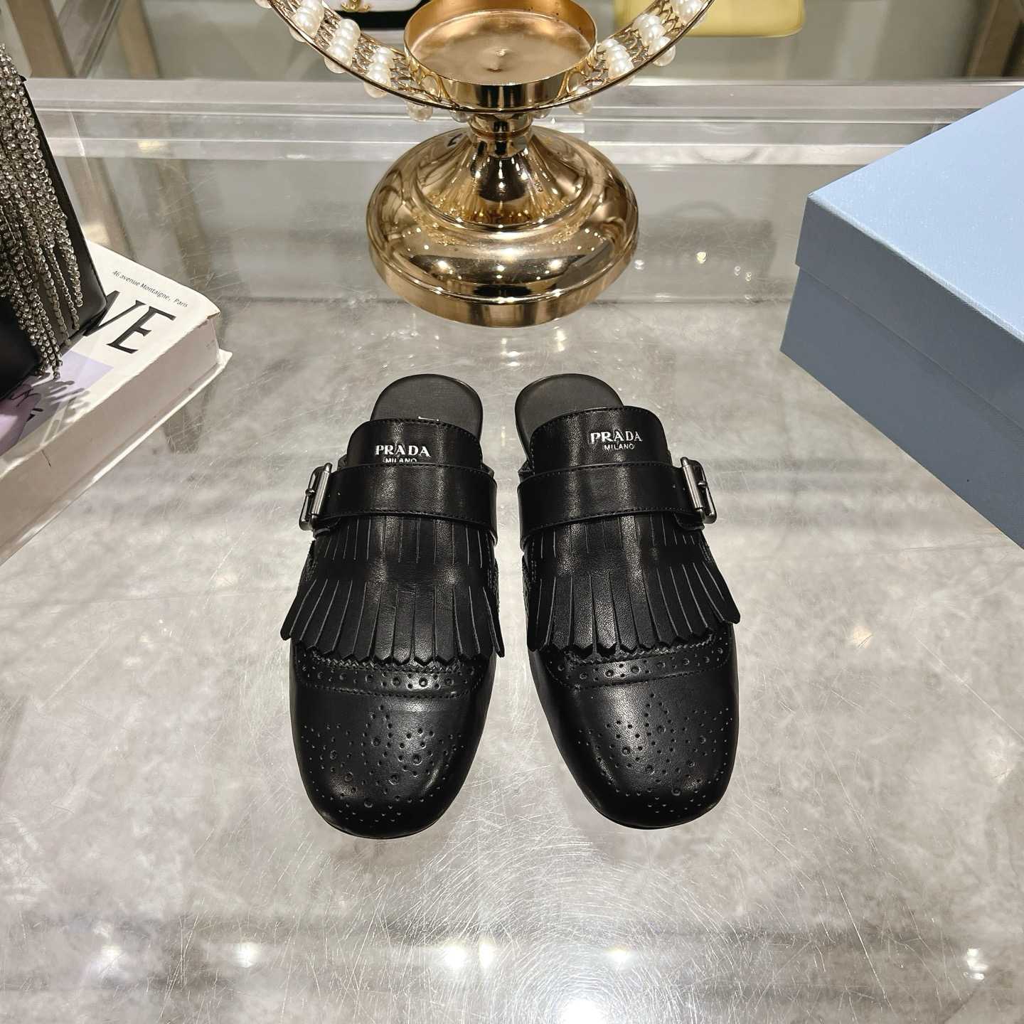 Prada Shuffle Fringed Monk Strap Leather Mules - DesignerGu