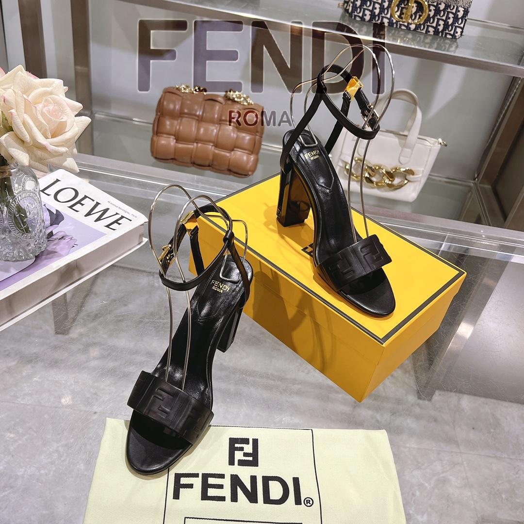 Fendi Delfina Black FF Nappa Leather High-heeled Sandals - DesignerGu