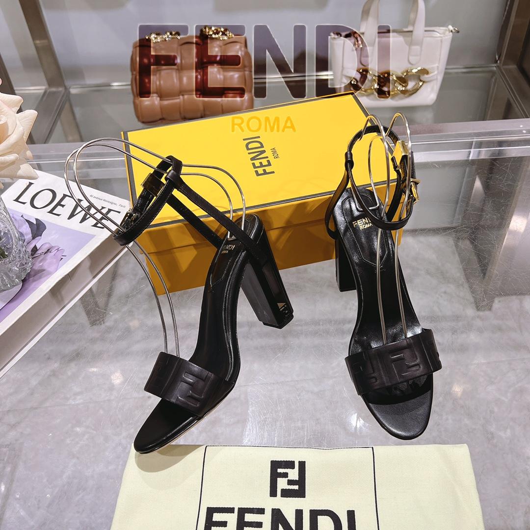 Fendi Delfina Black FF Nappa Leather High-heeled Sandals - DesignerGu