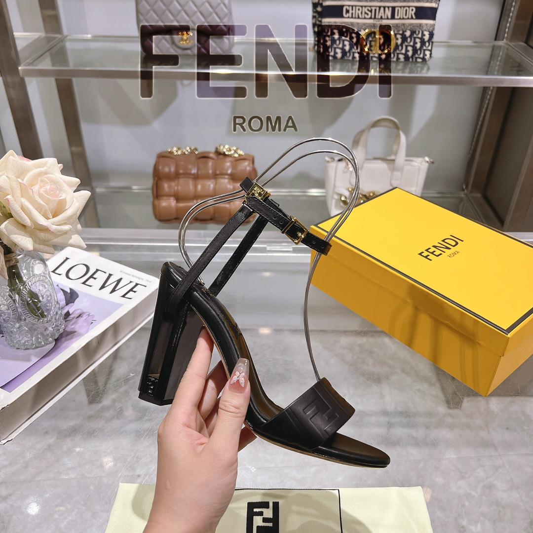 Fendi Delfina Black FF Nappa Leather High-heeled Sandals - DesignerGu