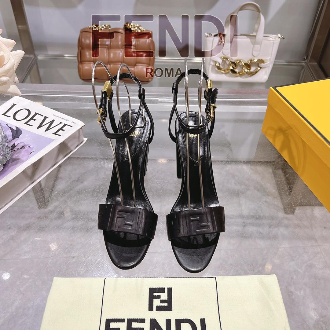 Fendi Delfina Black FF Nappa Leather High-heeled Sandals - DesignerGu