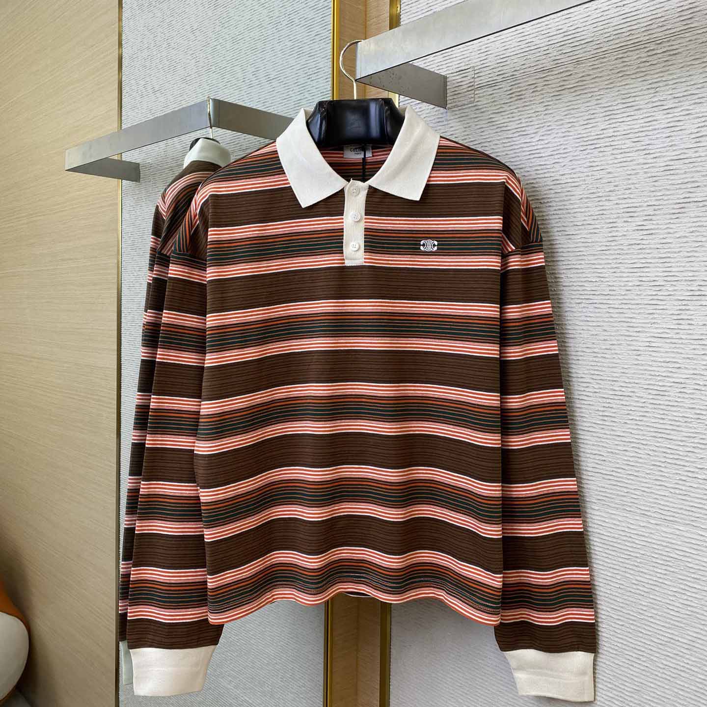 Celine Triomphe Cropped Polo Shirt In Striped Cotton - DesignerGu